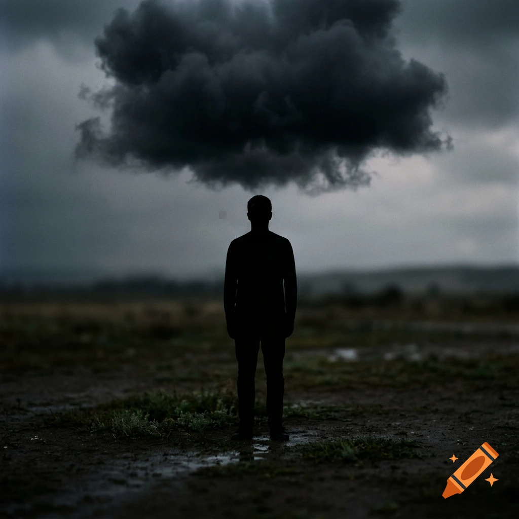 A silhouette of a person standing in a desolate landscape beneath a dark, stormy cloud.