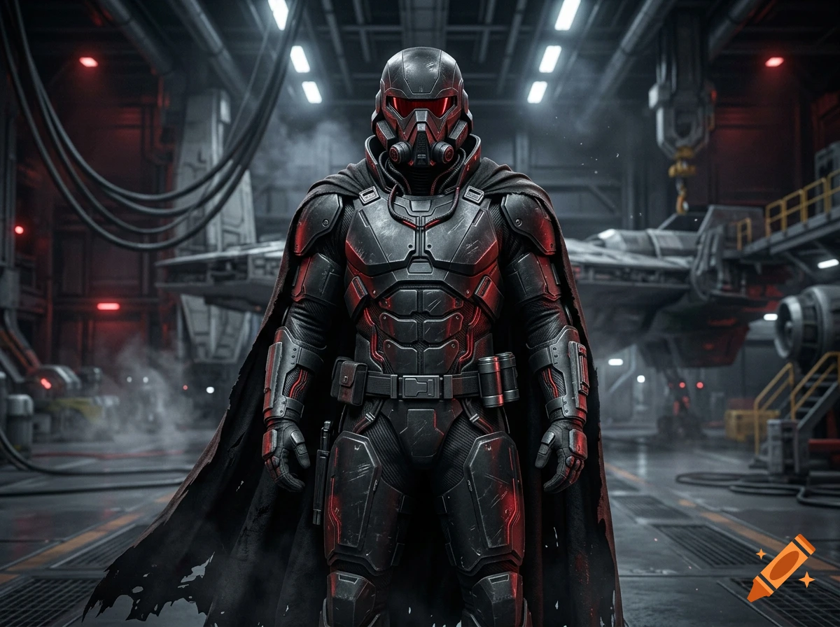 A heavily armored futuristic soldier in black gear with a cape and red-lit visor stands in a hangar with a spacecraft in the background.