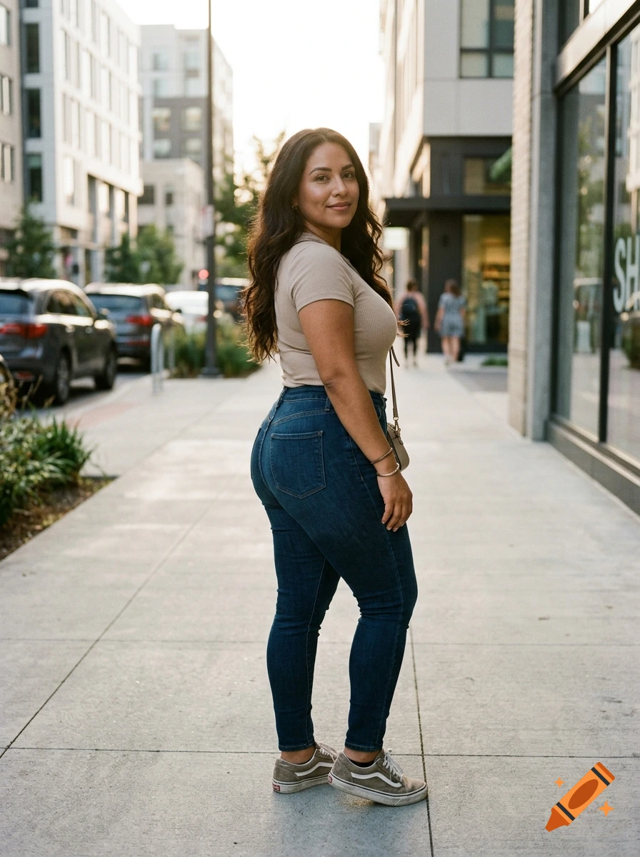 Photorealistic full-length portrait of a smiling woman in a beige top and jeans standing on a city sidewalk.