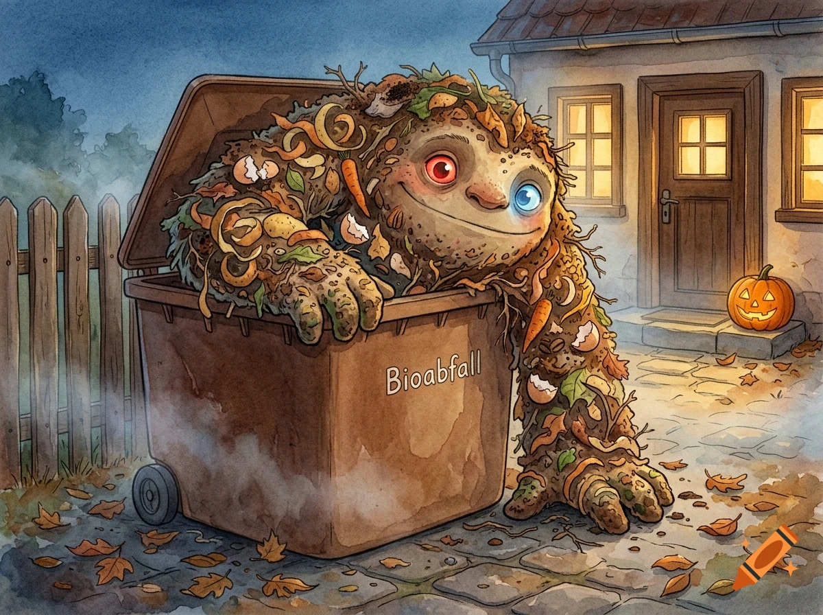 A friendly creature made of compost materials emerges from a Bioabfall bin outside a house at twilight, with a carved pumpkin nearby.