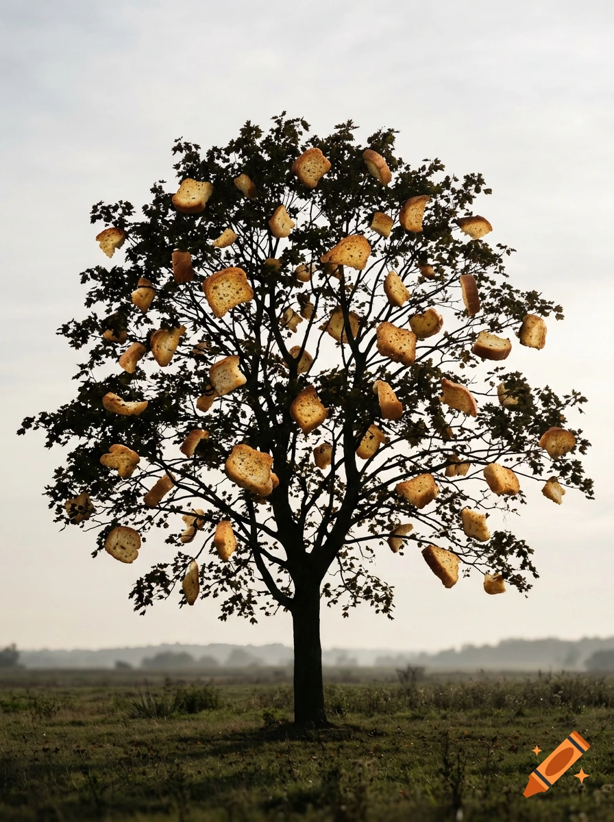Photorealistic tree in a field with dozens of croutons growing from its branches instead of leaves.