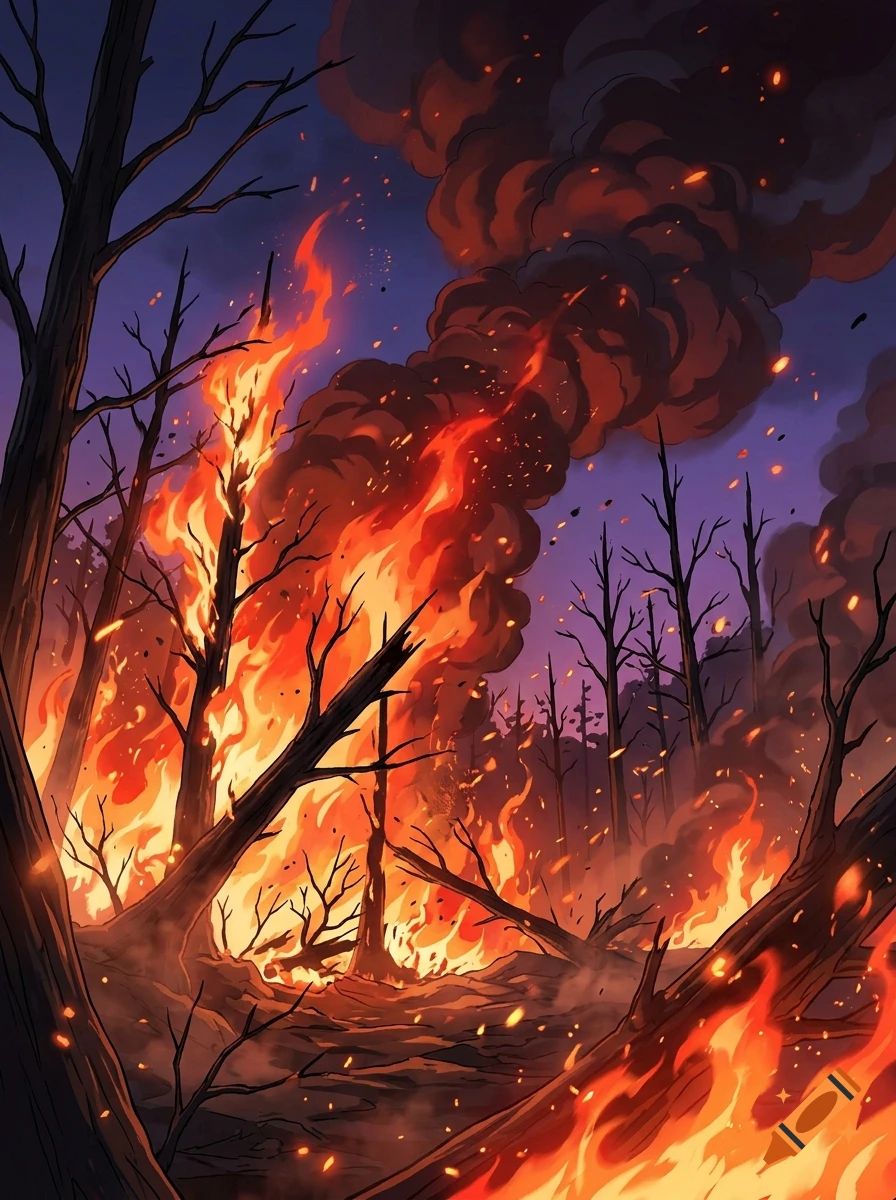 Digital illustration of a forest fire with burning trees and thick black smoke rising into a dark evening sky.