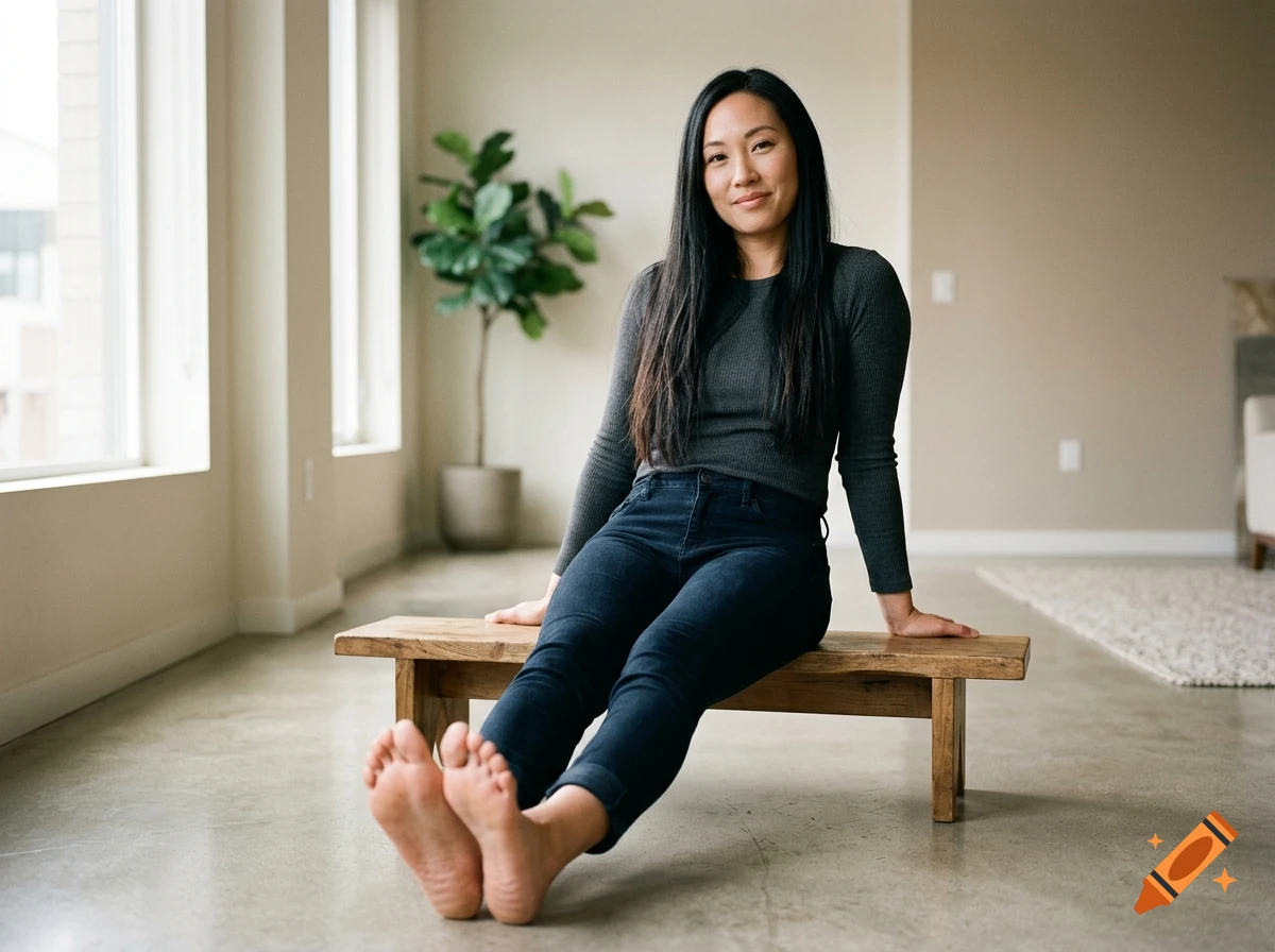 Photorealistic portrait of a smiling woman with long black hair sitting on a wooden bench, extending her bare feet toward the camera.