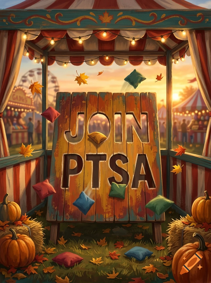Digital painting of a fall carnival bean bag toss game with wooden targets shaped as JOIN PTSA amidst pumpkins and autumn leaves.