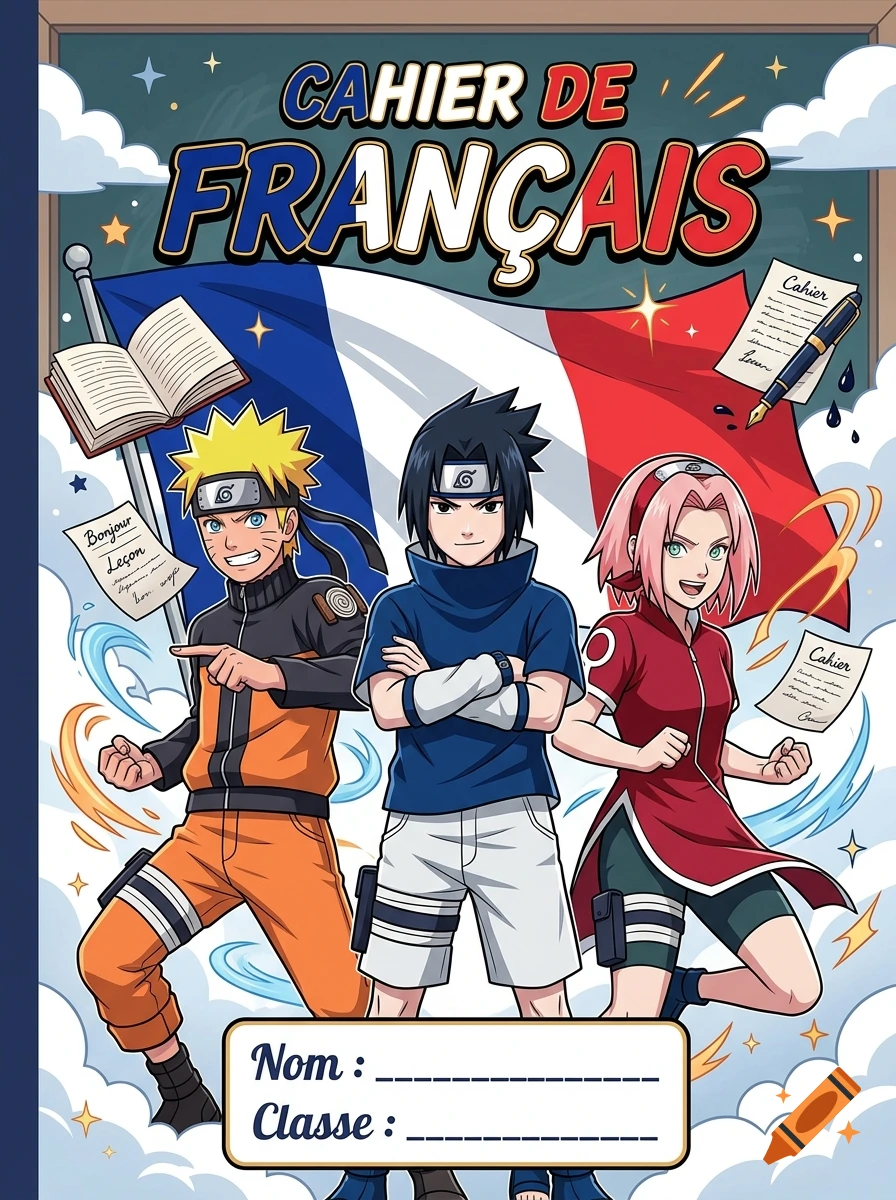 Anime illustration of Naruto, Sasuke, and Sakura in front of a French flag, designed as a French notebook cover with the title 'Cahier de Français'.