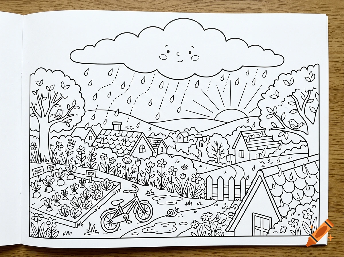 Black and white coloring page depicting a smiling rain cloud over a village, garden, and hills with rainfall.