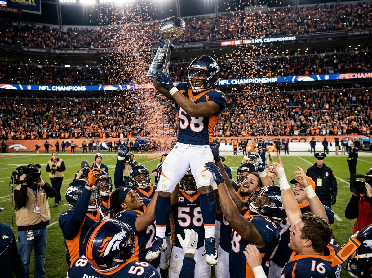 A female football player in a Broncos uniform held aloft by teammates in a stadium, holding a championship trophy.