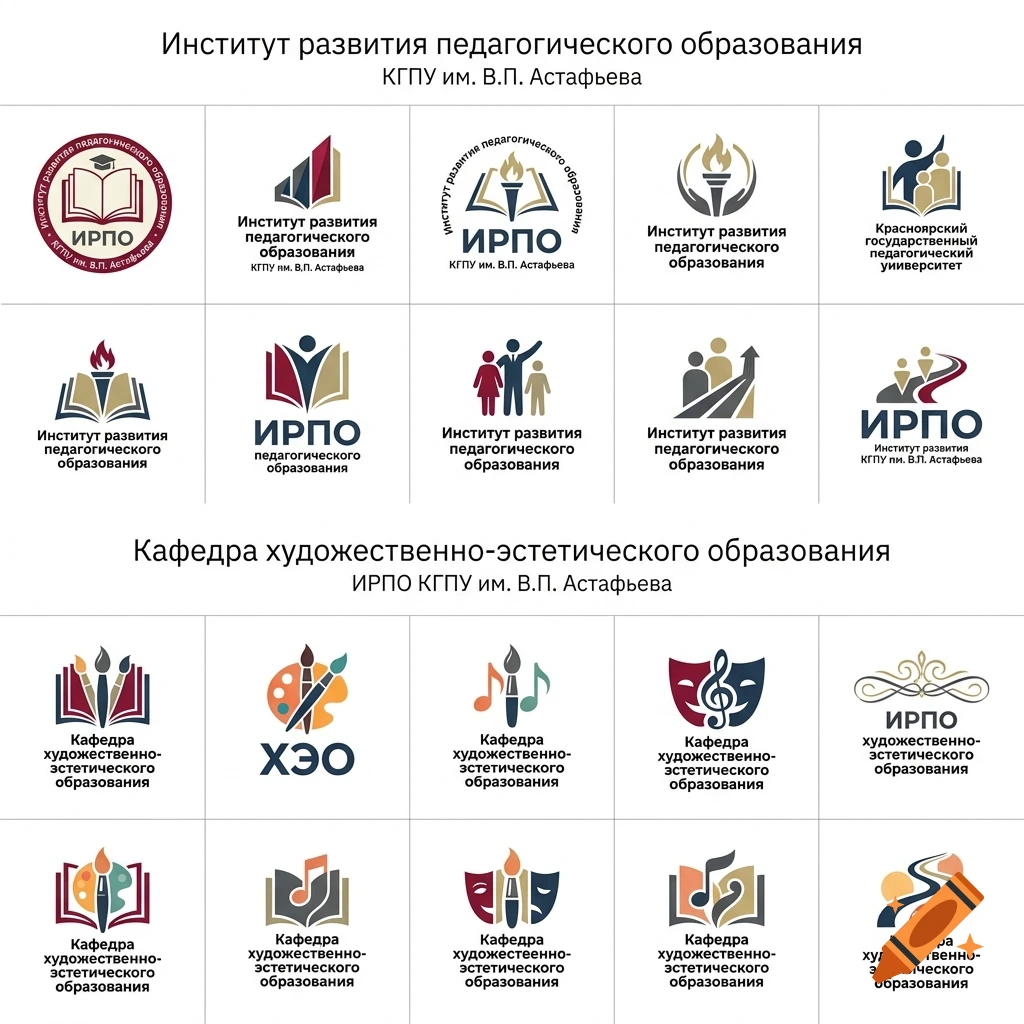 Grid of 20 university department logos and icons featuring books, torches, paintbrushes, and Russian text.