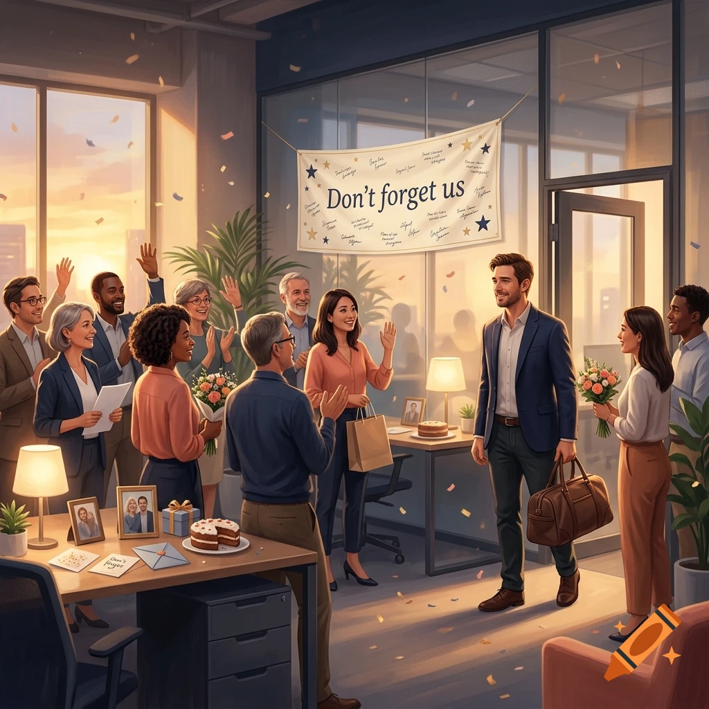 An office farewell party where a group of colleagues smiles and claps as a man holding a travel bag is greeted.