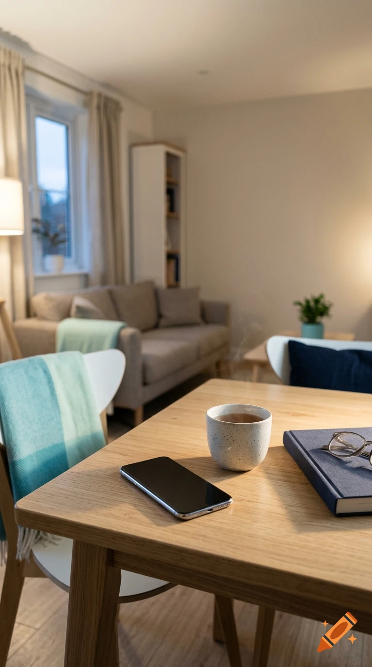 Photorealistic vertical scene of a cozy living room with a smartphone, a cup of tea, and a book on a wooden table.