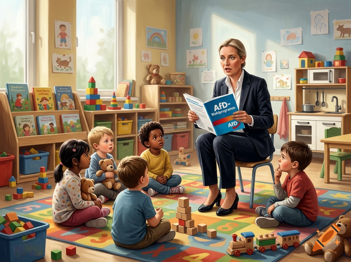 Digital painting of a politician reading a political program book to a group of attentive children in a kindergarten classroom.