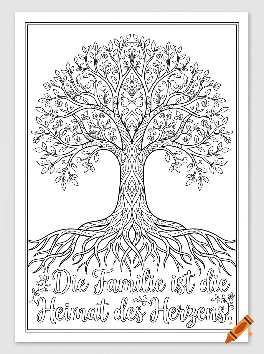 Black and white coloring page of the Tree of Life with intricate roots and German text Die Familie ist die Heimat des Herzens at the bottom.