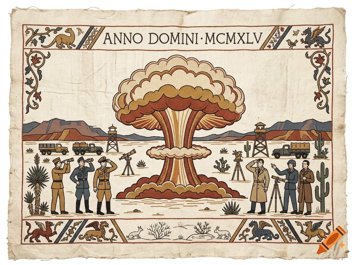 Bayeux tapestry style embroidery depicting an atomic bomb explosion with soldiers and military equipment.