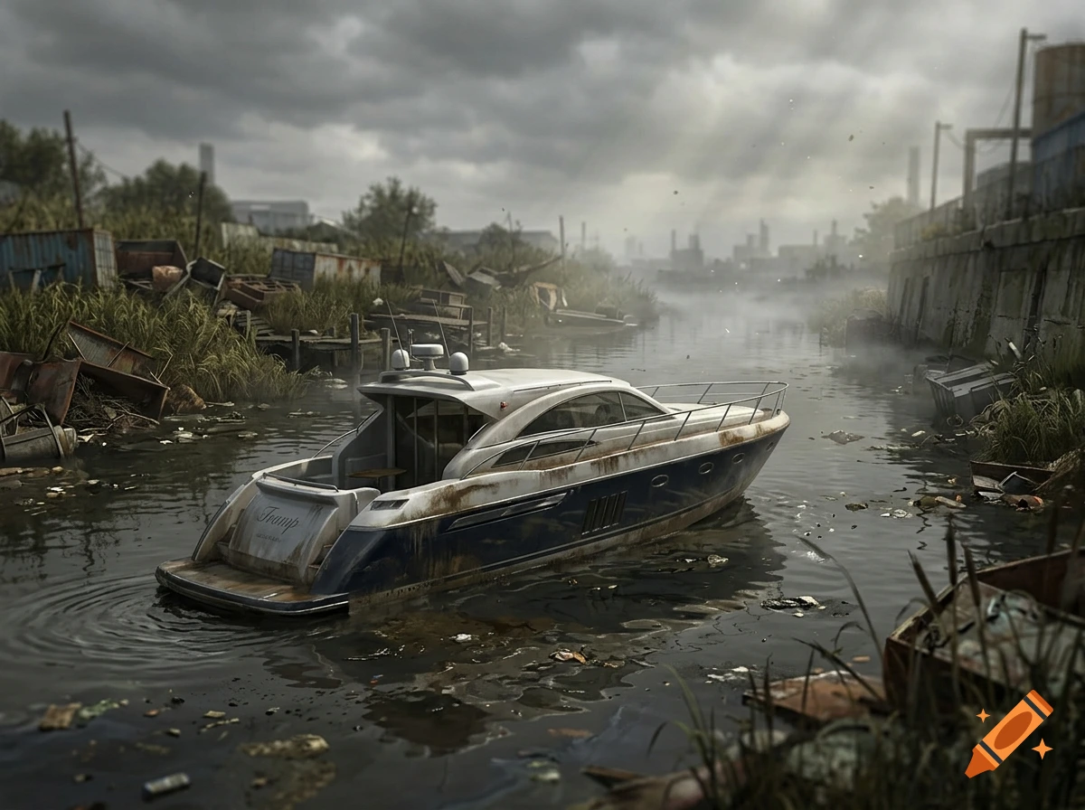 Photorealistic image of a rusted luxury yacht floating in a polluted, debris-filled river under a cloudy sky.