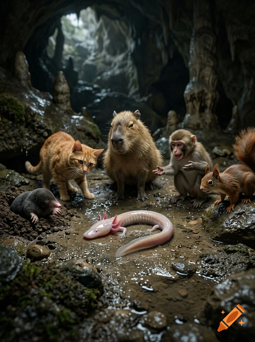 Photorealistic scene of a crying olm surrounded by an orange cat, capybara, monkey, and squirrel inside a dark cave.