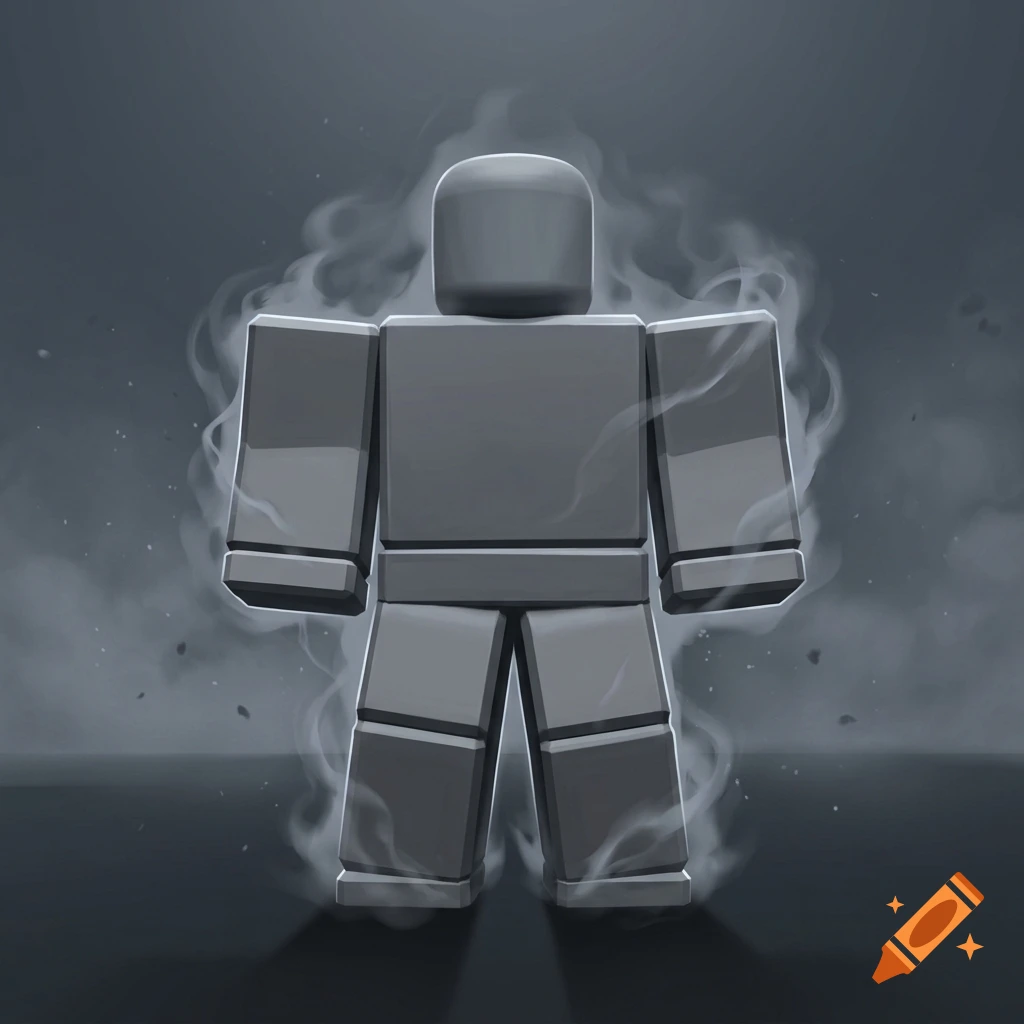 A gray faceless Roblox R6 blocky character surrounded by glowing white smoke against a dark background.