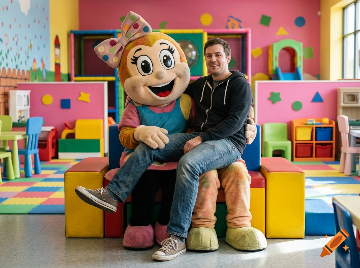 A man sitting on the lap of a person in a cartoon mascot costume inside a colorful playroom.