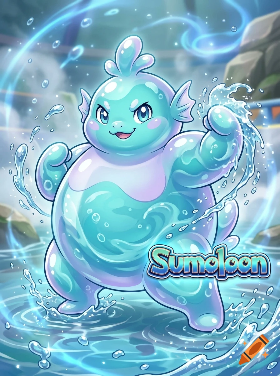 Digital illustration of a water-fighting type Pokemon character named Sumoloon made of blue and purple water standing in a pool of water.