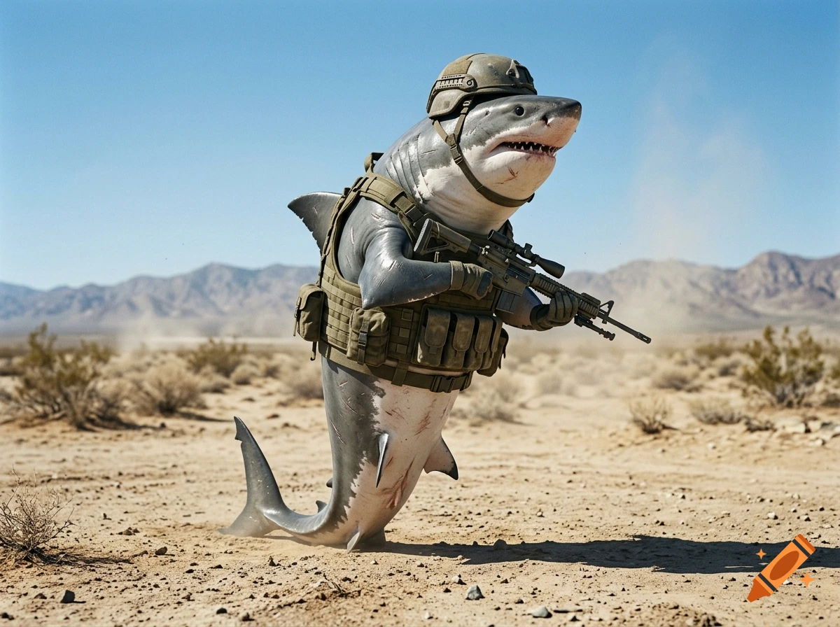Photorealistic image of a great white shark wearing tactical army gear and a helmet, holding a sniper rifle in the desert.
