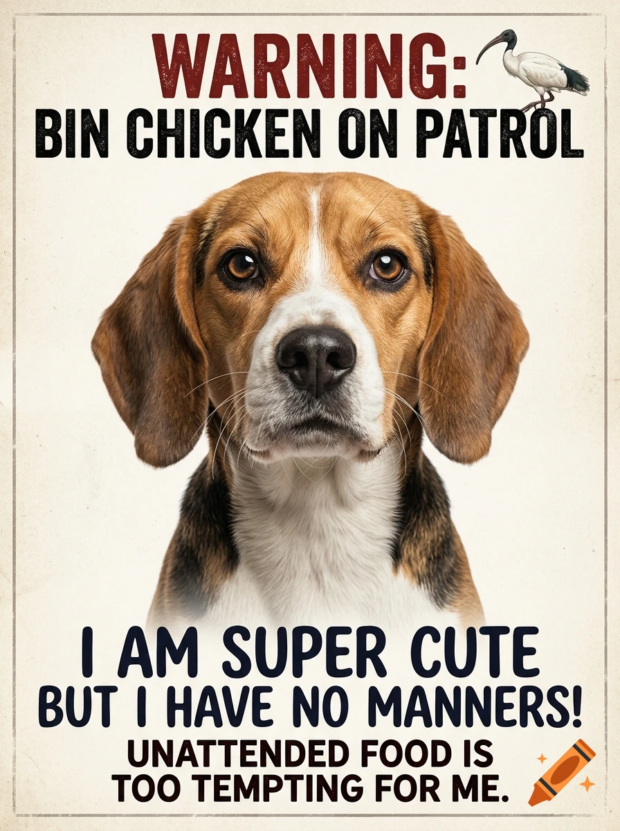 A poster featuring a beagle dog face with warning text about a bin chicken and funny rules.