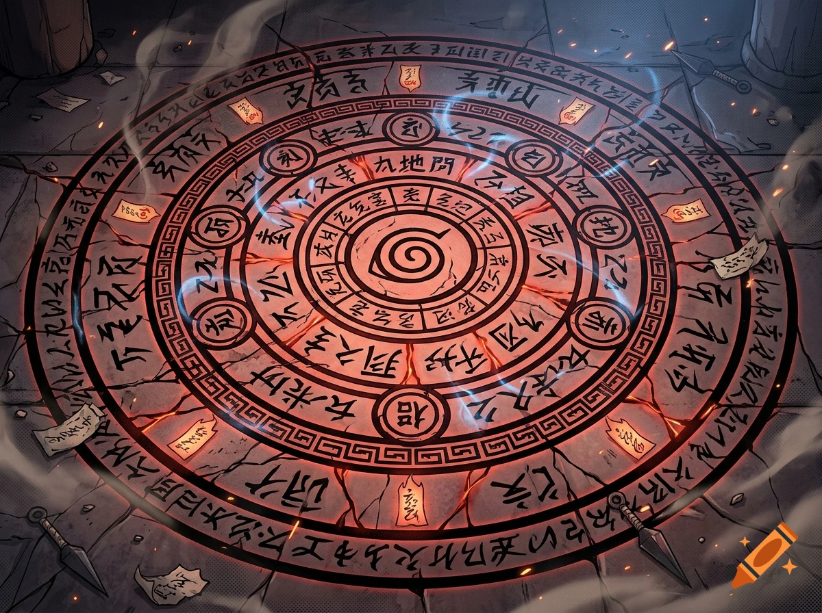 Detailed anime style illustration of a glowing red seal pattern on stone floor with kunai knives around it.