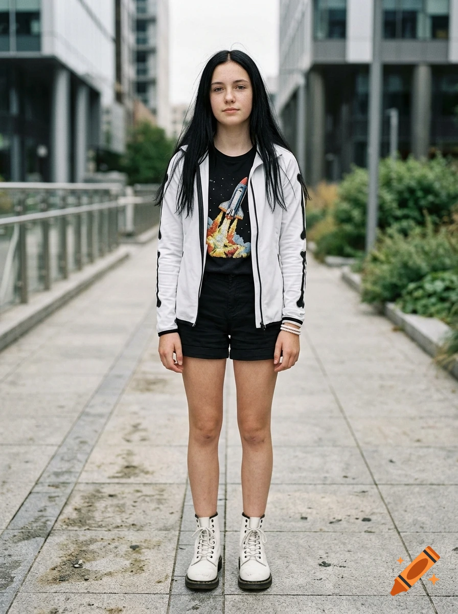 Photorealistic full-body shot of a teenage girl with long black hair standing on a paved walkway between modern buildings.