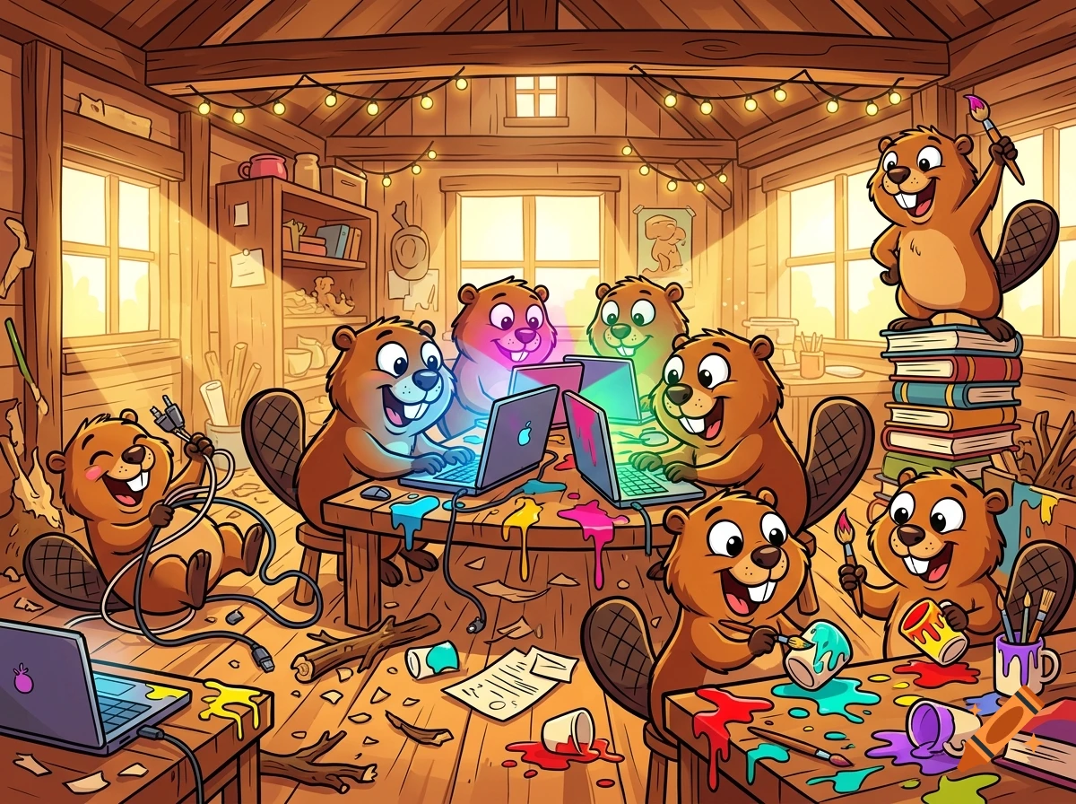 Colorful cartoon illustration of cheerful beavers working in a cozy workshop with laptops and paint.