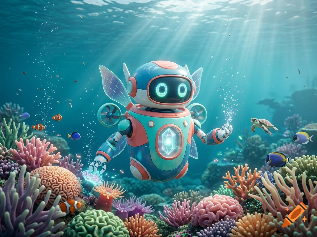 3D render of a cute blue and pink robot with glowing eyes swimming underwater among coral reefs and fish.
