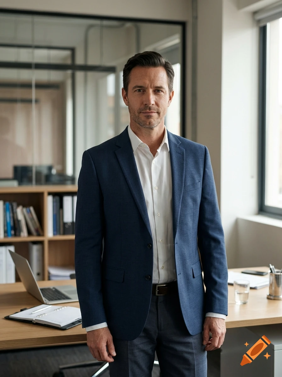 Photorealistic portrait of a determined, middle-aged white businessman in a blue suit standing in an office.