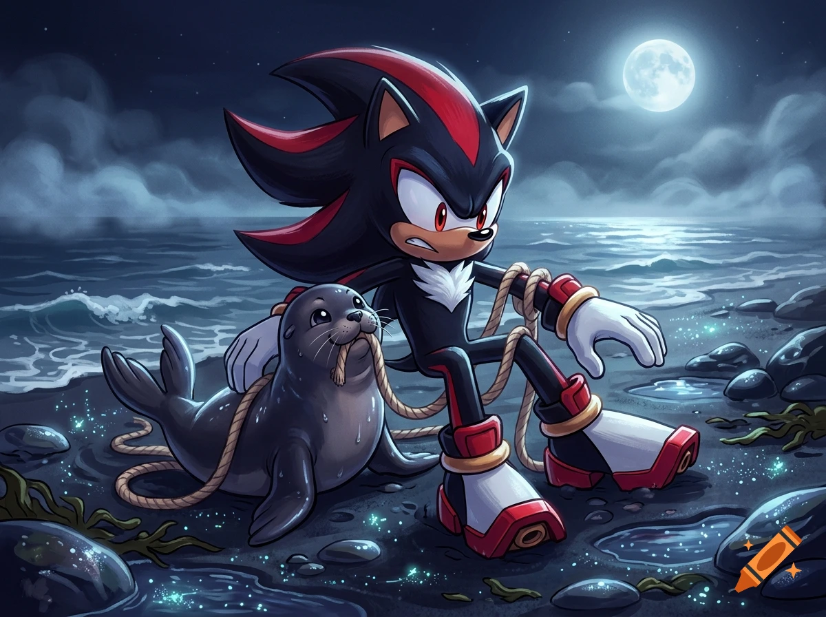 Digital illustration of Shadow the Hedgehog sitting on a moonlit beach, having rope tied around him by a curious seal pup.