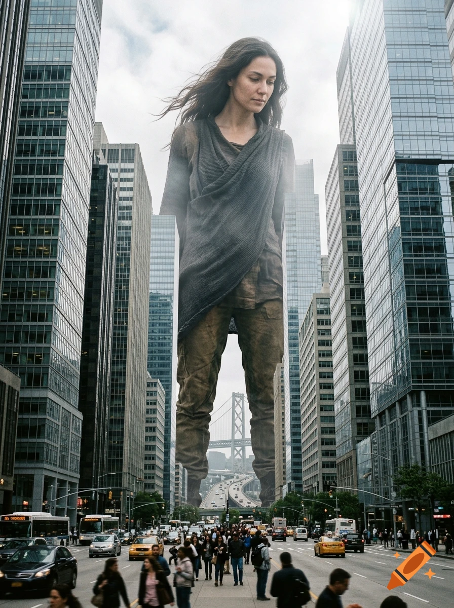 Photorealistic image of a giant woman standing in a city street between skyscrapers, looking down at people walking below.