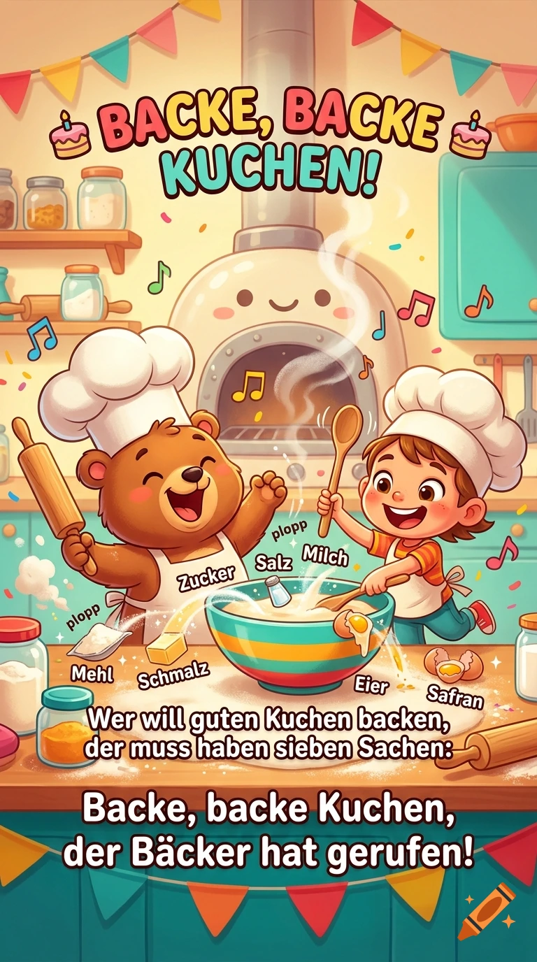 Colorful cartoon animation of a smiling bear and a child baker mixing ingredients in a bowl in a bright kitchen.