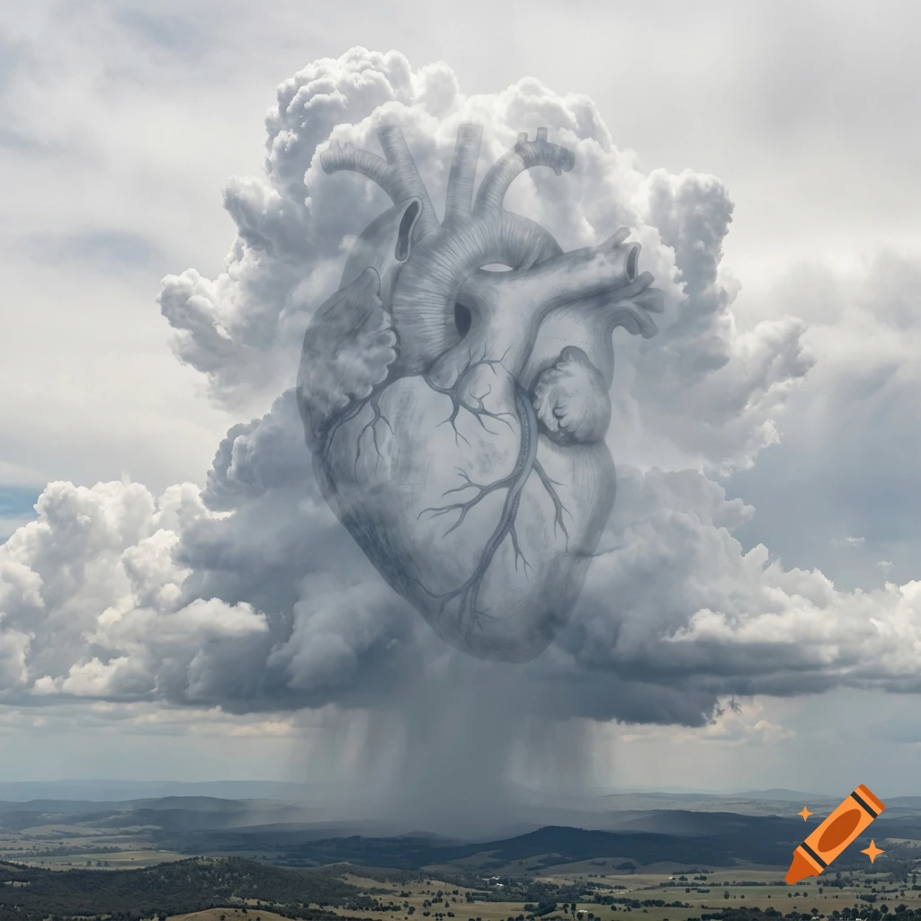 An anatomical heart shape is subtly blended into a large, billowing cumulus storm cloud that rains over a landscape.