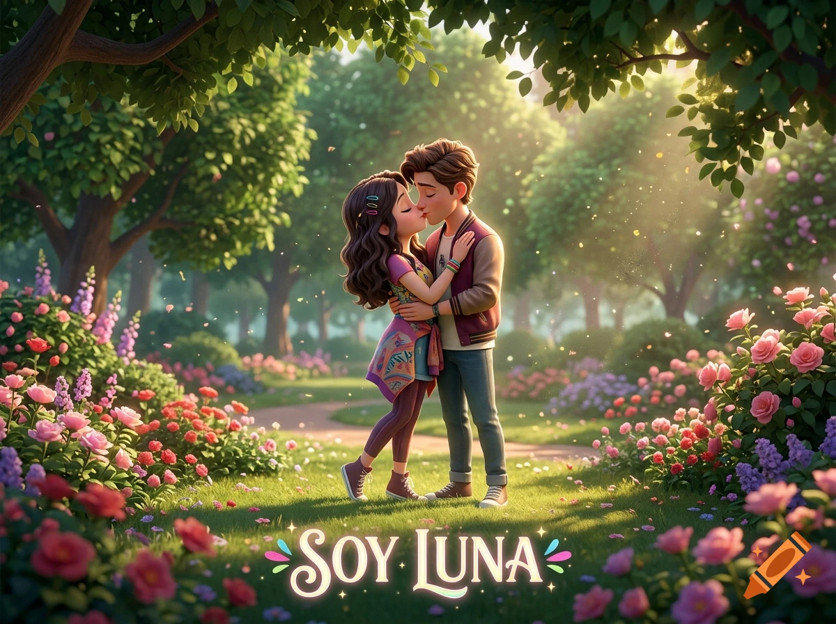 Disney Pixar style digital art of a young couple kissing in a sunlit park with pink flowers, and misspelled text at the bottom.
