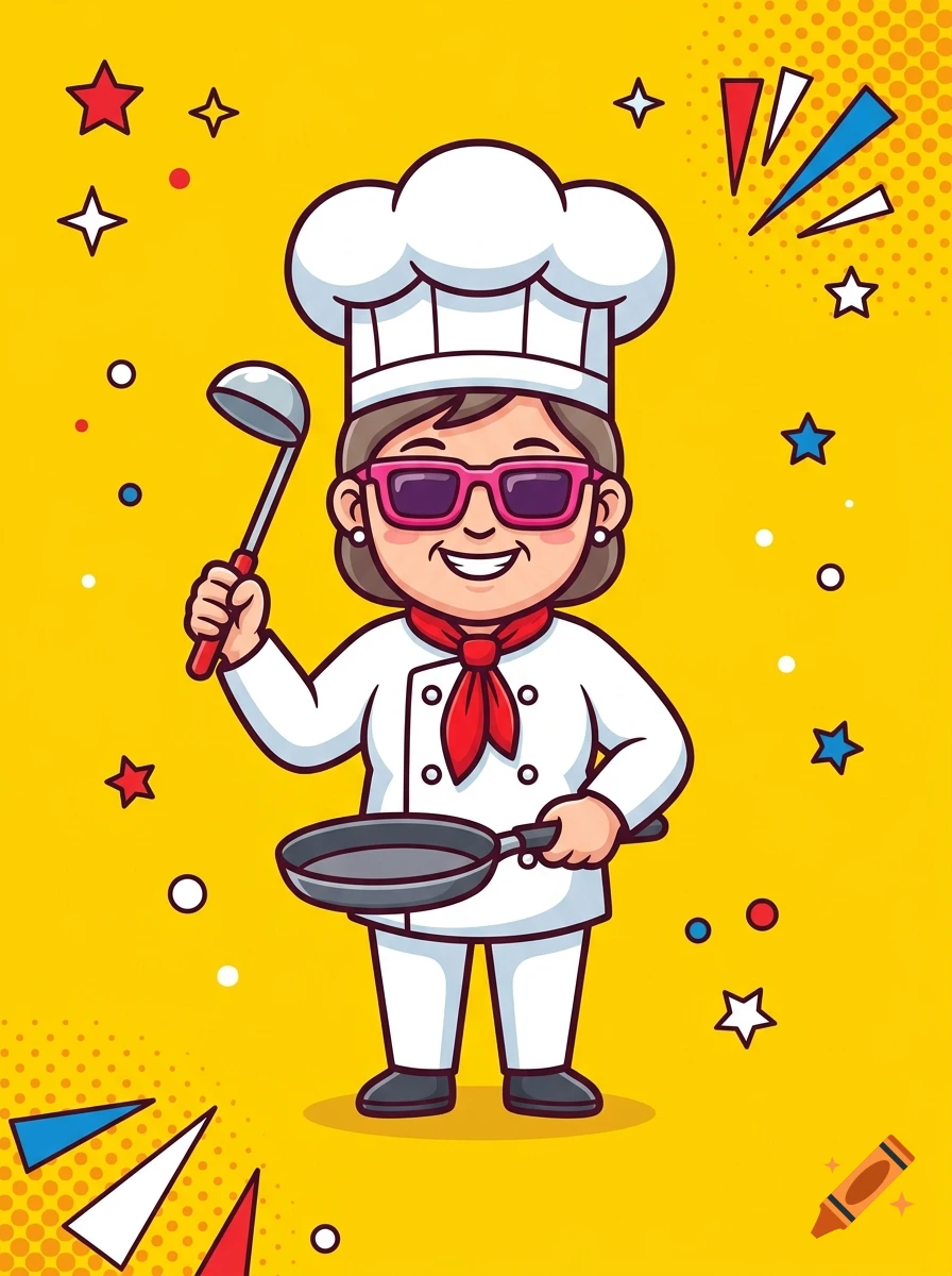 2D cartoon vector of a middle-aged woman chef wearing a white hat, pink sunglasses, and red necktie, holding a ladle and frying pan.