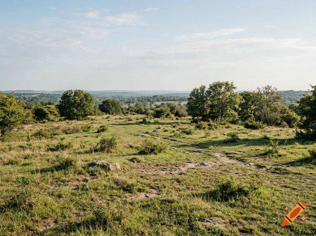 photorealistic landscape view of an open grassy field with scattered trees under a pale sky