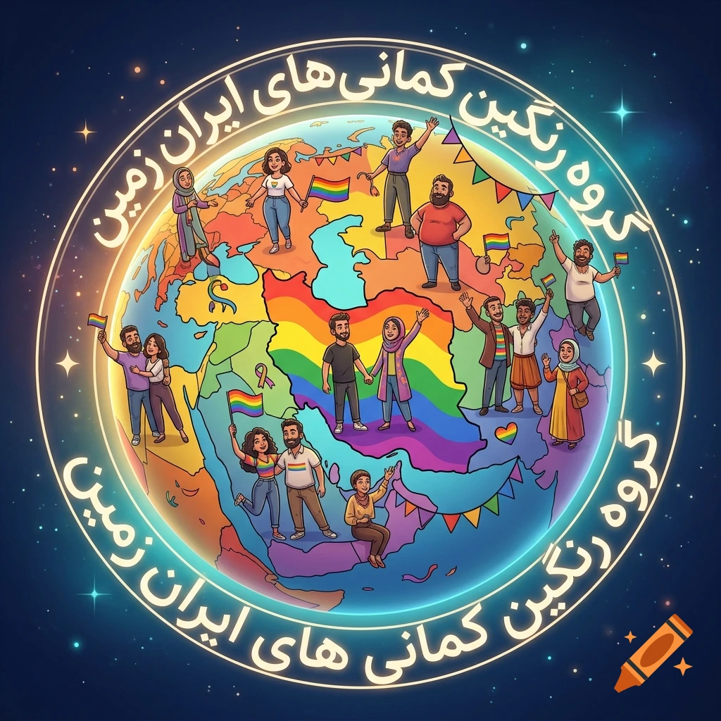 Cartoon illustration of a globe with a rainbow-colored map of Iran, surrounded by diverse people holding pride flags.