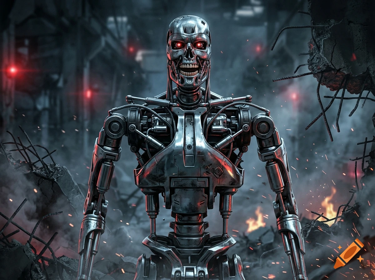 Photorealistic image of a metallic Terminator robot skeleton laughing amidst a ruined, smoky industrial landscape with glowing red eyes.