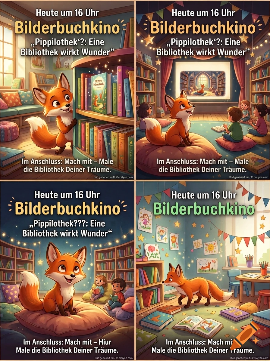 Four poster variations featuring a cute cartoon fox in a children's library with German text.
