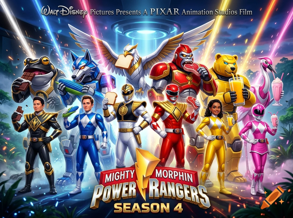 Digital illustration of Power Rangers and their animal-themed robotic ninjazords holding various foods and drinks under a Disney/Pixar logo.