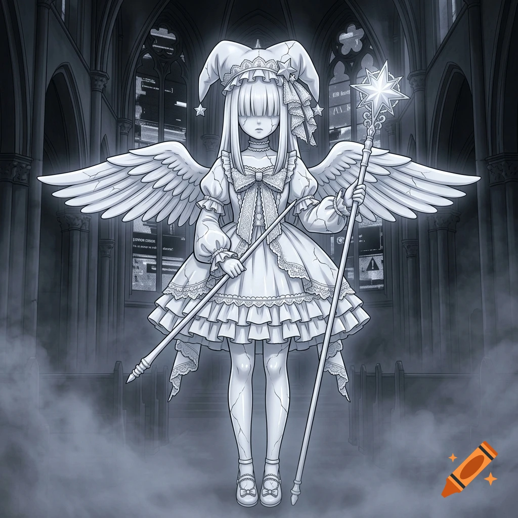 Ceramic anime angel girl with jester hat and wings holding a staff in a misty monochrome church.