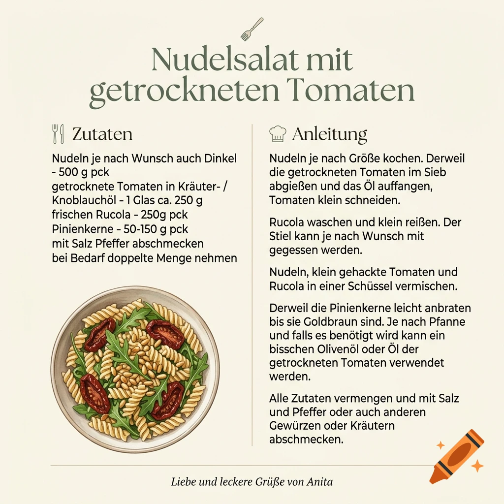 Illustrated recipe card for pasta salad with sun-dried tomatoes and arugula in a simple clean style.