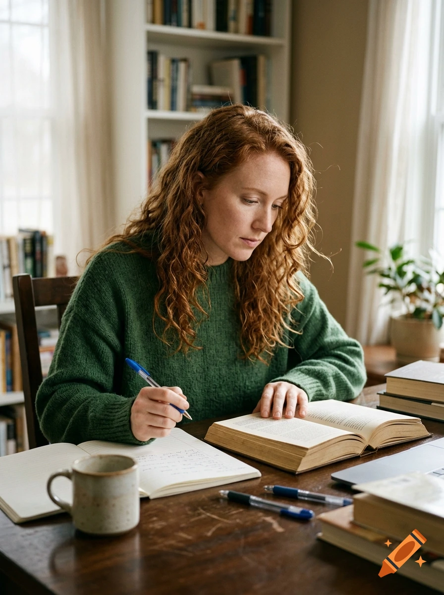 Photorealistic image of a woman with long curly red hair reading a book and writing in a notebook at a wooden table.