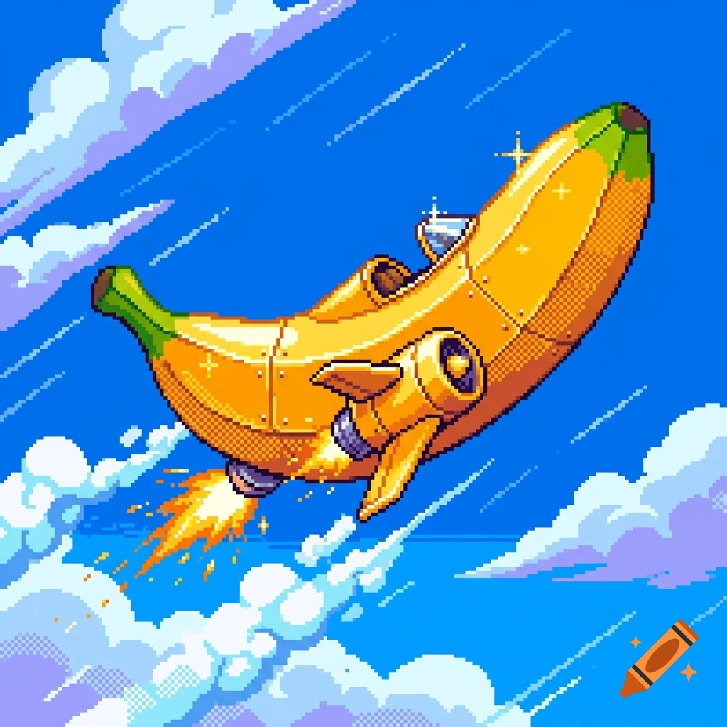 Pixel art of a yellow banana shaped spaceship flying through a bright blue sky with white clouds.