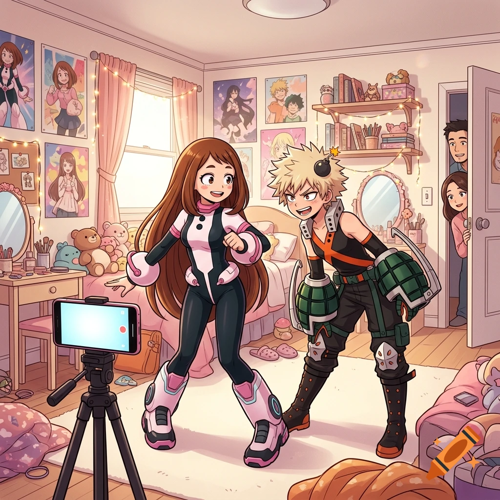 Anime style illustration of two girls in My Hero Academia cosplay dancing in a bedroom with parents watching from the doorway.