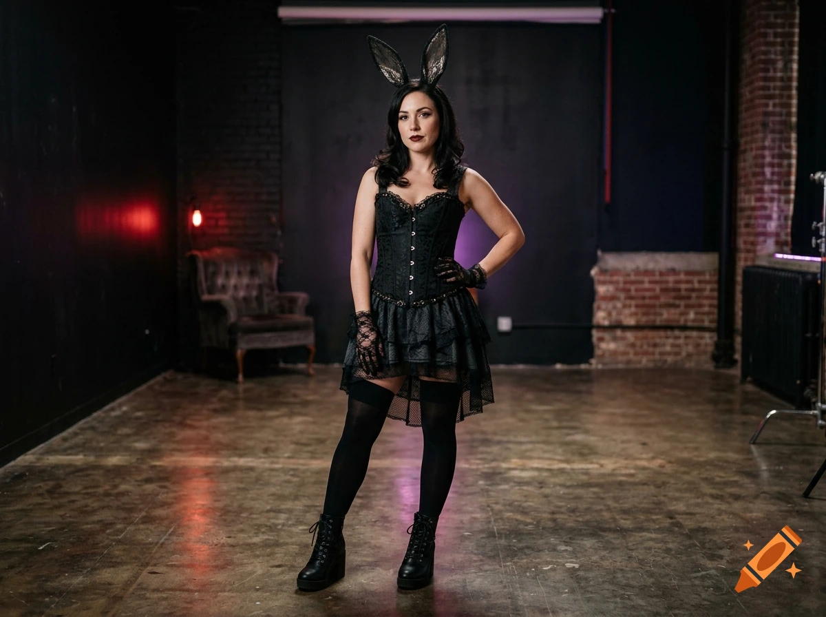Photorealistic full-body portrait of a woman in a goth bunny girl outfit with black lace corset, stockings, and ears in an industrial studio.