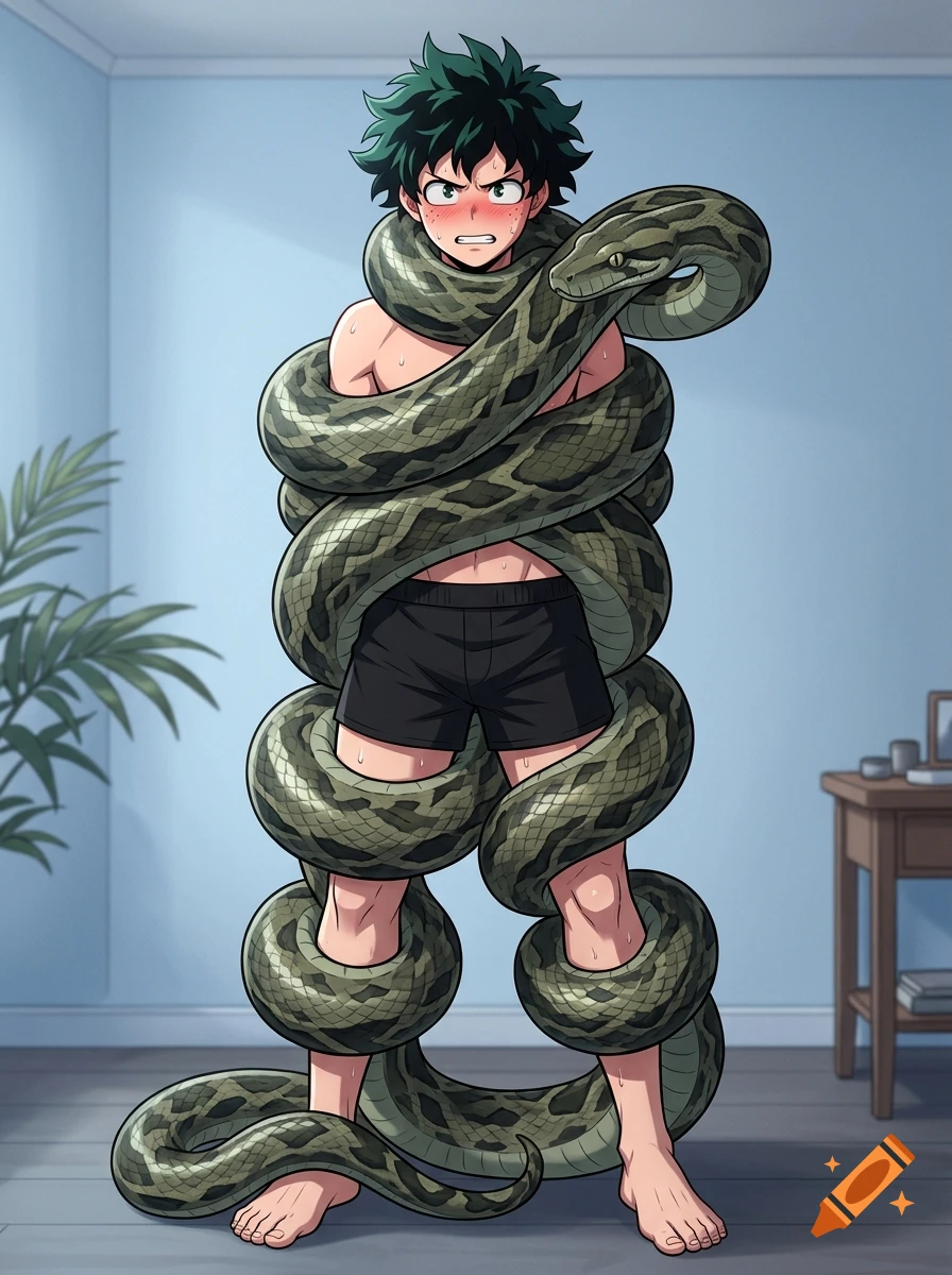 Anime style illustration of Izuku Midoriya wearing black boxers, tightly bound from head to toe by a large python in a room.