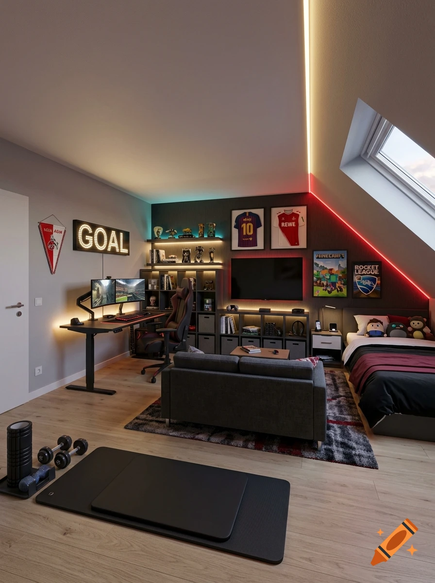 Photorealistic bedroom setup featuring a gaming desk, couch, workout mat, and slanted ceiling window.