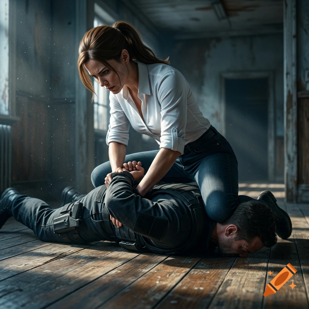 A woman in a white shirt pinning a male agent to a wooden floor in a combat pose, photorealistic style.