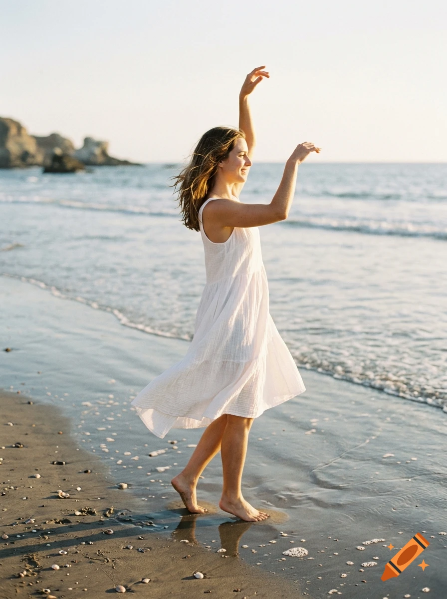 Photorealistic image of a woman in a white dress dancing barefoot on a sandy beach at sunset.